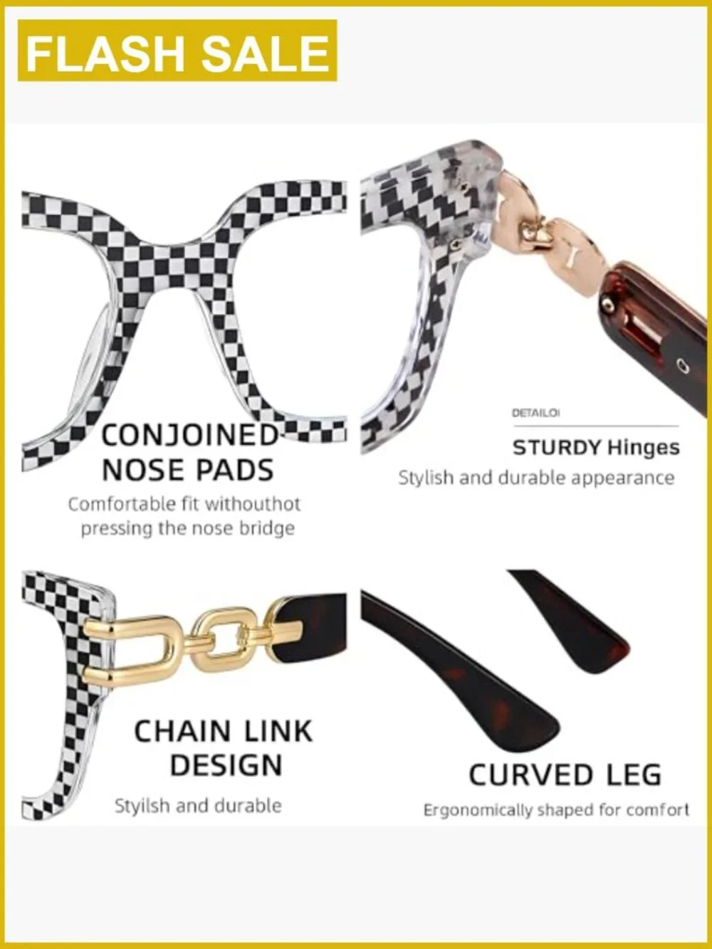 Oversized Square Blue Light Blocking Glasses with Gold Chain
